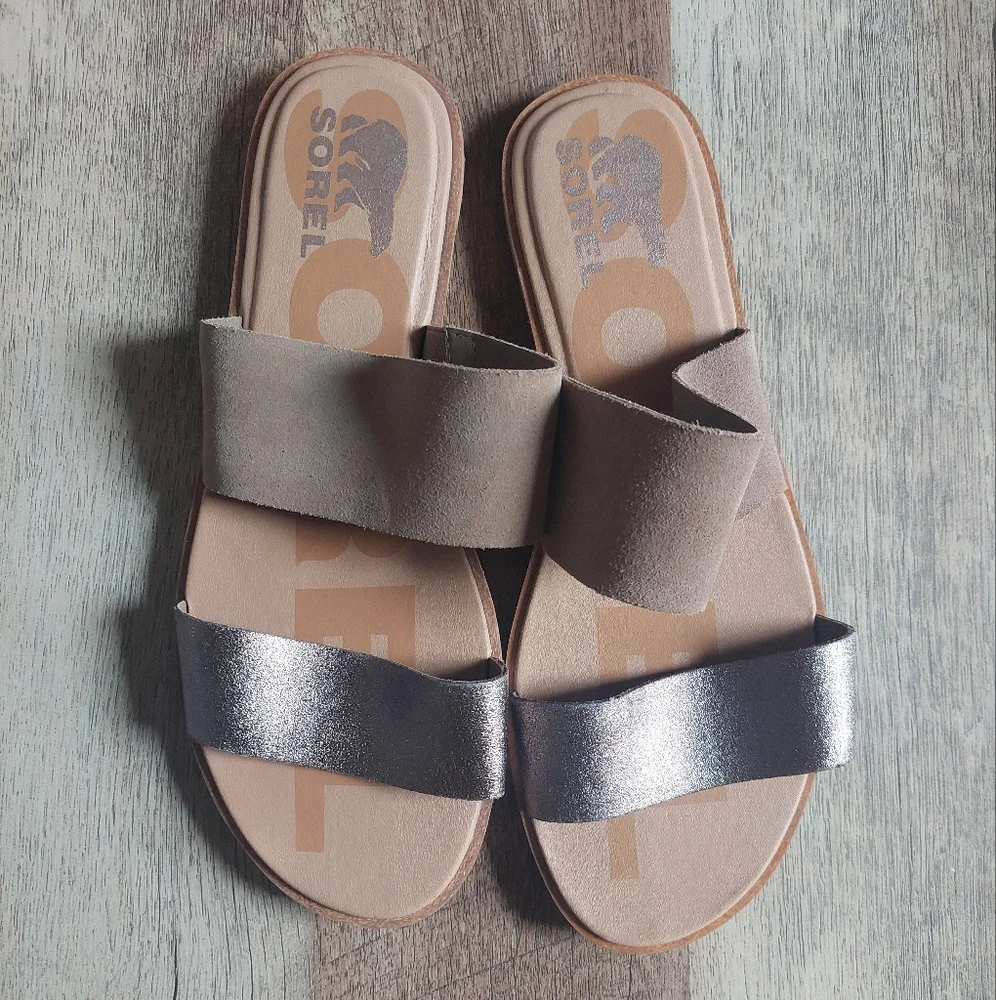 Sorel Women's Sandal Ella II Slide Light Brown Silver Strap Size 9.5 Comfy